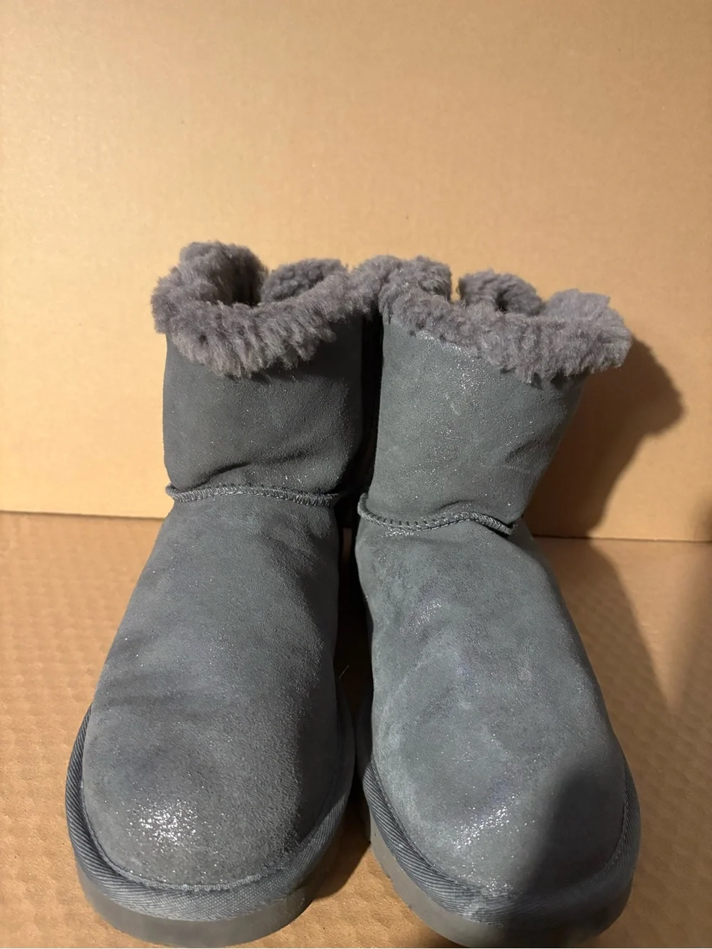 UGG Women Gray Suede Sheepskin Boots with Back Bow